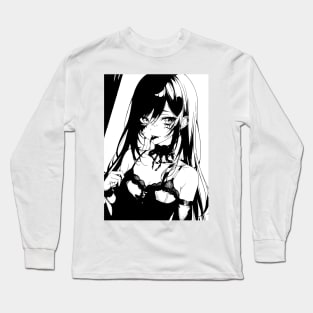 Black & White Long Haired Anime Girl Long Sleeve T-Shirt